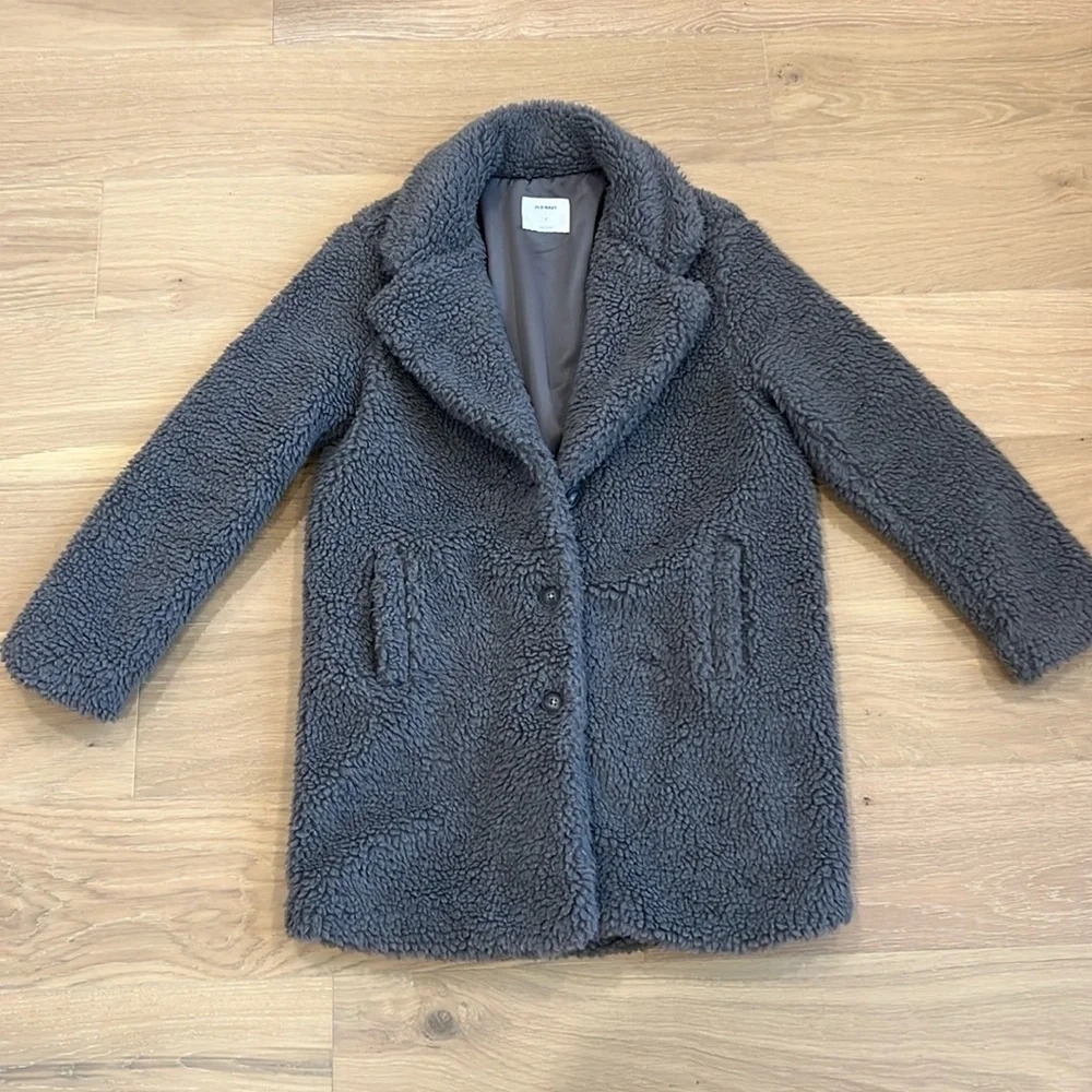 Old Navy Gray Teddy Coat Womens Size Small Sherpa Jacket Sweatshirt Button Up